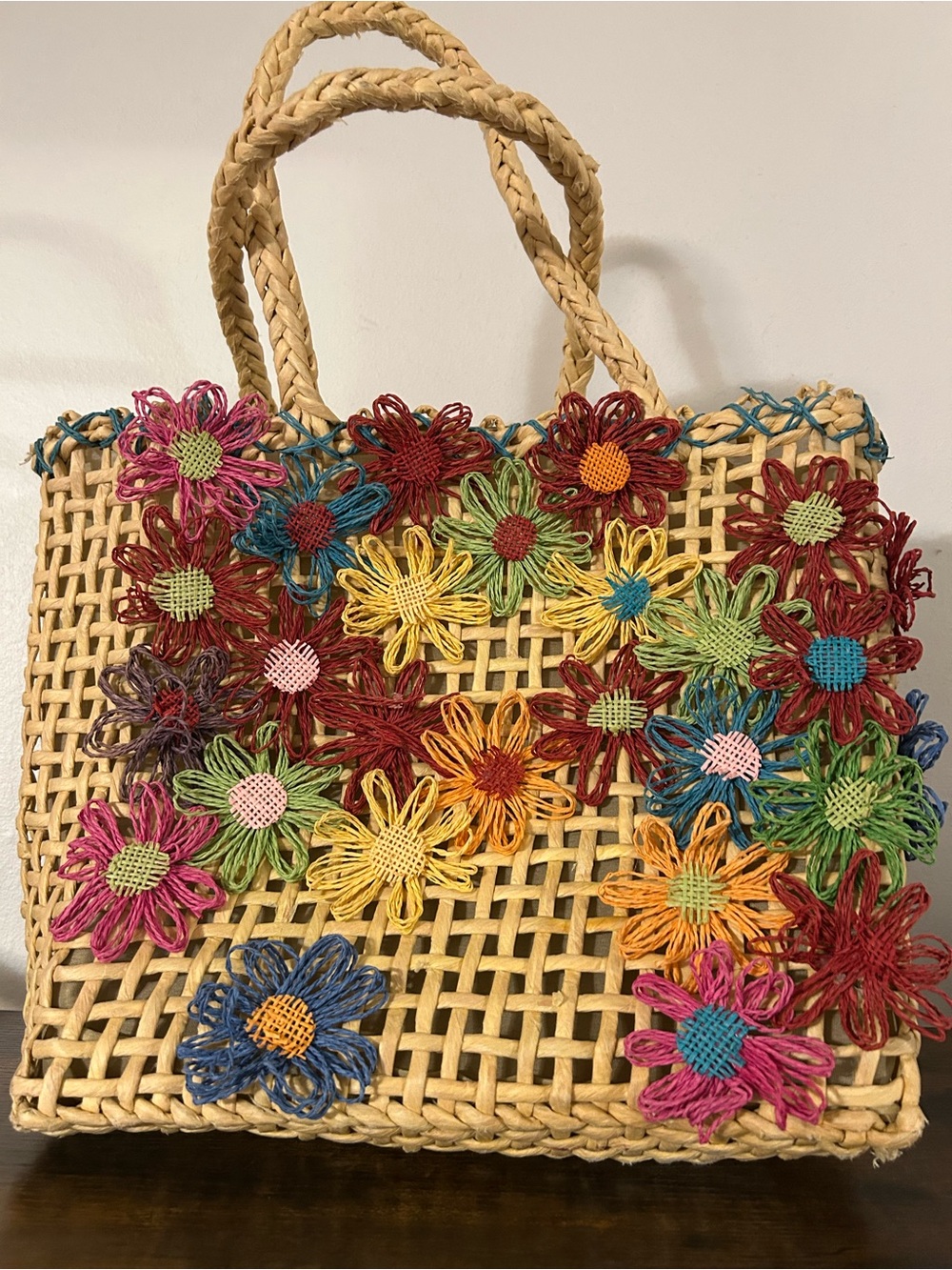 Source Unknown Multicolor Floral Handwoven Straw Tote - Natural Base